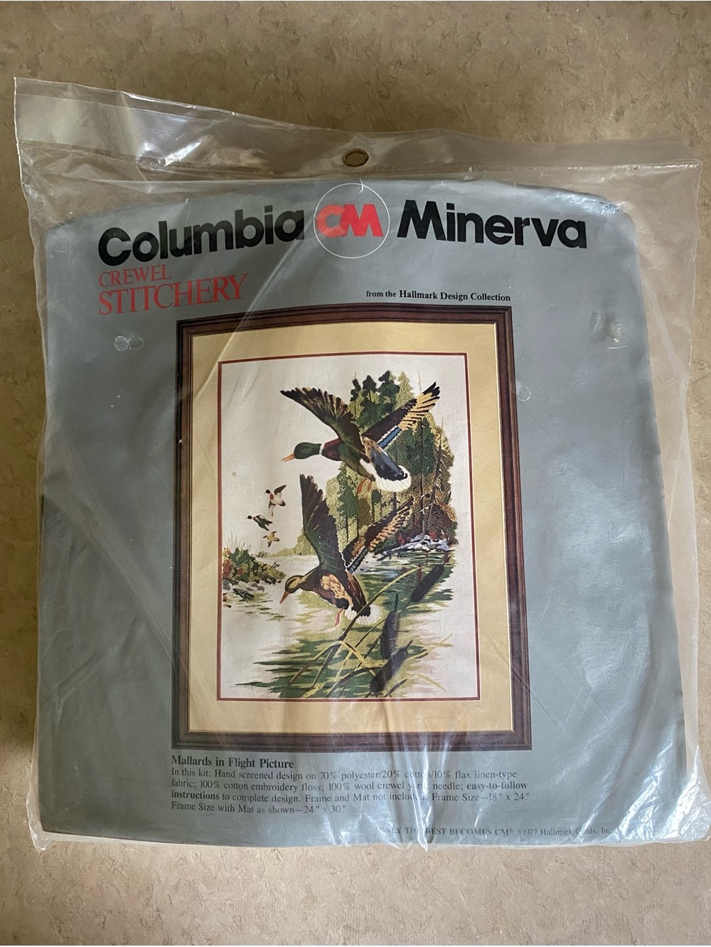 New Vintage 1977 Columbia Minerva Mallards in Flight crewel stitchery kit 18x24
